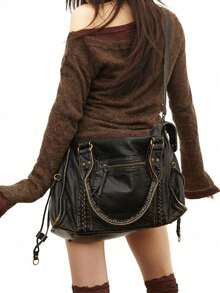 2025 Fashion Women Bag, Y2K Retro Motorcycle Bag, Soft Leather Large-Capacity Handbag, Wasteland Style Tote Bag, Ladies Shoulder/Crossbody Bag, Ultra-Soft Fabric, Bohemia Style Bag For Women, 2000s Fashion Style Bag For Women, Vintage Bag For Women, New Fashionable Big Bags For Women, New Arrival Tote Bags For Woman - 黑色 - 查看 9