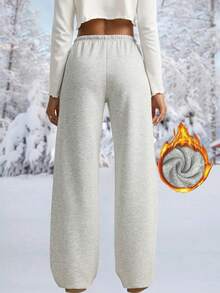 女士保暖加厚休闲直筒裤，冬季日常简约休闲保暖加厚长裤，柔软直筒裤，女装，女士长裤 - 灰色 - 查看 3