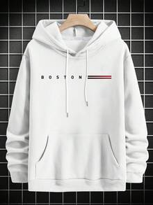 Men's Casual Boston Design Print Loose Pocket Hoodie Sweatshirt, Comfortable Sports Wear Choice For Autumn/Winter, Long Sleeve Top - White - View 4
