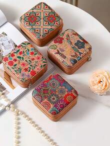1 Pc Mini Vintage Printed Jewelry Box For Earrings, Rings, Necklaces, Travel Storage Box, Jewelry Earrings Back To School - Multicolor - View 5
