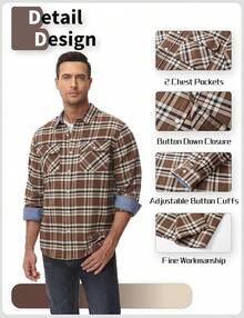 Flannel Shirt For Men Cotton Long Sleeve Plaid Shirt Lightweight Button Up Checkered Shirt Jacket With 2 Pockets - 棕色 - 查看 4