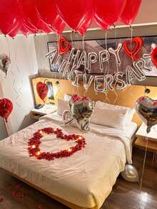 Set de 44 piezas de globos con forma de corazón plateados para aniversario, pancarta de "Feliz Aniversario" y globos con forma de corazón, adecuado para temas románticos, decoración de fiesta de San Valentín, cumpleaños, boda, propuesta, aniversario, decoraciones de fiesta en interiores - Multicolor - Ver 1