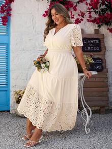 Simplee Plus Size Women's Summer New V-Neck Embroidered Hollow-Out Elegant Dress, Cream Yellow - Apricot - View 5