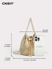 Handmade High-End Metallic Bracelet With Rhinestones, Luxurious Gold PVC & Fabric Fashion Bucket Bag, Elegant Large Capacity Women's Commuter Bag, Versatile Minimalist Handbag, Suitable For Halloween, Christmas, Office, Shopping, Travel, Formal Events, Autumn/Winter - 金色 - 查看 2
