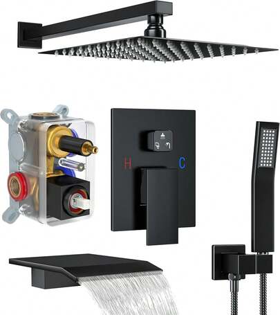 Shower System With Bathtub Outlet, 12-Inch Overhead Showerhead And Handheld Shower Combination, Wall-Mounted Bathtub Shower System, Includes Valve And Decorative Kit, Meets All Lifestyle Needs, Black