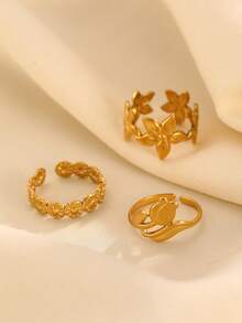 1 Set de Anillo Abierto con Diseño Floral, Clásico Simple y Versátil de Moda Casual de Alta Gama, Adecuado para Uso Diario de Mujeres, Festivales y Fiestas - Dorado 1 - Ver 2