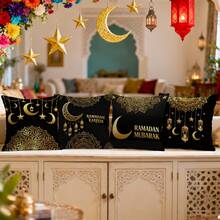 4pcs Ramadan Black & Gold Luxury Lantern & Mandala Floral Print Decorative Pillow Case Set, Single-Sided Printing, Suitable For Living Room, Sofa, Bedroom, Pillow Insert Not Included - Multicolor - View 11