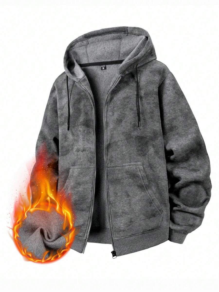 Men's Casual Hooded Sweatshirt With Drawstring, Loose Fit, Full Zip Design, Kangaroo Pocket, Grey Tie Dye Pattern, Regular Length, Suitable For Everyday Casual Wear, Spring/Autumn