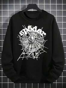 Winter Clothes For Women Christmas Outfit WomenMen's Casual Long Sleeve Round Neck Pullover Sweatshirt For Fall And Winter Spider Web Graphic Print Oversized Streetwear Sweatshirt Black Cotton Blend Comfortable Fashion Sweater For MenLoose And Comfortablesudaderas De Mujer - Black - View 2