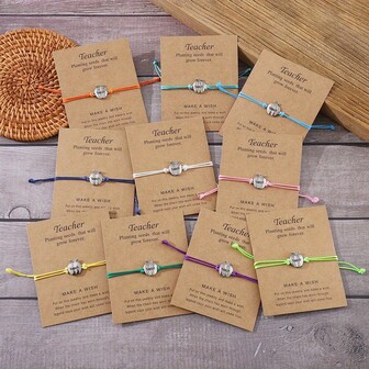 10pcs Teacher Appreciation Bracelet Set, Bracelets For Women , Adjustable Woven Colorful Hand Strap Wristbands With Apple Pendant & Vintage Teacher Blessing Cards, Perfect Gift For Back To School And Graduation Season