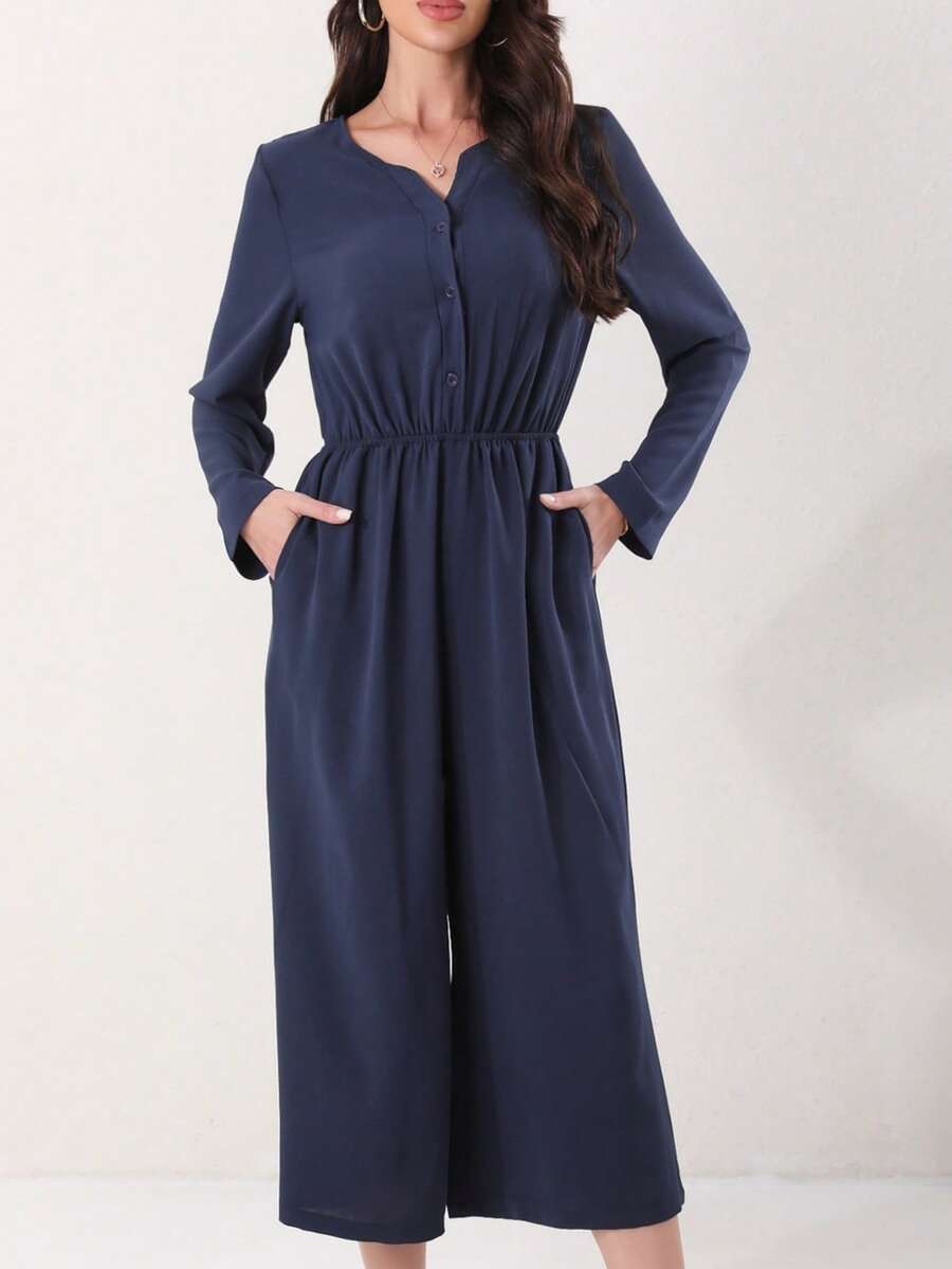 Jumpsuit | Long Sleeve, Wide Leg | Machine Washable | Casual, Elegant | Weekend Outing, Dating | Fashionable - Blue - View 1