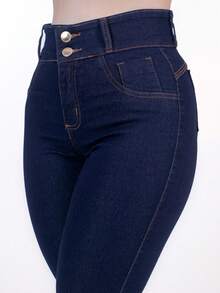 Women's Jeans With Double Button, Lots Of Lycra, Premium Denim, High Waist, Elastic Waistband, Butt-Lifting Effect. - 深色水洗藍 - 查看 14