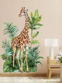 2件套大型丛林长颈鹿墙贴，热带树叶墙贴，适用于婴儿房、儿童房、游戏室装饰 - 棕色 - 查看 3