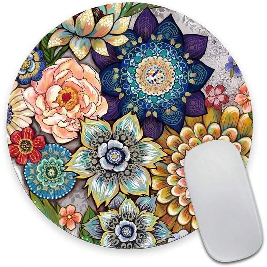 Round Pad, Boho Floral Pad, Washable Round Pad With Lycra Cloth, Non-Slip Rubber Base Computer Pads For Wireless ,29BohoFloral - 29BohoFloral - View 1