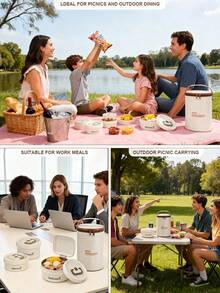 304 Stainless Steel Thermal Lunch Box, Round Multi-Layer Lunch Box With Cover, Multi-Layer Insulated Tape, Microwaveable, Stackable With Storage Bag, For Work/School, Airtight - 藍色 - 查看 9