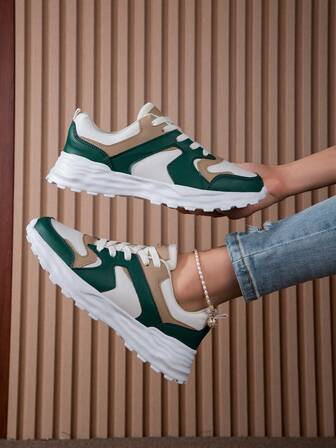 女士低帮休闲鞋，时尚百搭撞色拼接运动鞋，透气舒适材质