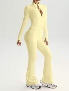 FWH 两件套街头风修身套装，包含带拇指孔的拉链外套和高腰喇叭裤（腰部可调节），塑形提臀，提升自信，是春季女士运动服的理想之选。 - 黃色 - 查看 7