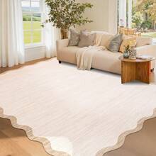 1Pcs Room Decor Modern Washable Scalloped Border Solid Beige Area Rug For Living Room Indoor Bedroom Foldable Floor Mats, Soft Low Pile Non Shedding Carpets For Offices Non-Slip Runner For Hallway Dorm - Beige - View 1