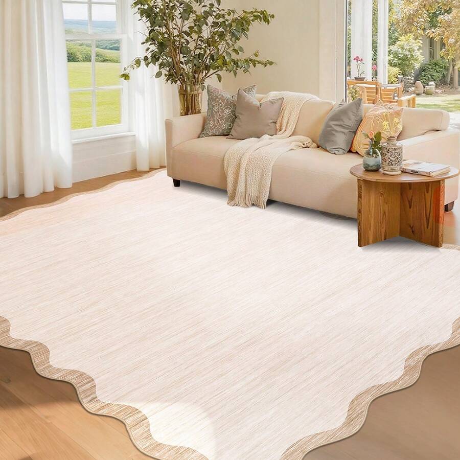 1Pcs Room Decor Modern Washable Scalloped Border Solid Beige Area Rug For Living Room Indoor Bedroom Foldable Floor Mats, Soft Low Pile Non Shedding Carpets For Offices Non-Slip Runner For Hallway Dorm - Beige - View 1