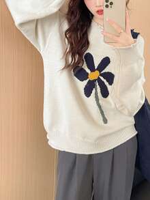 女士休闲简约圆领毛衣 - 米色 - 查看 2