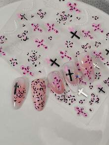 A Sweet And Cool Nail Sticker With Relief Texture Design, Y2K , Featuring Elements Such As Crosses, Pearl Chains, Leopard Print Texture, Etc., Suitable For Personal DIY And Creating Retro Sweet And Cool Nail Art