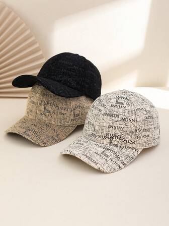 1顶男女通用全印花小写字母灯芯绒可调节棒球帽，保暖时尚，适合秋冬季日常休闲穿着和户外活动。