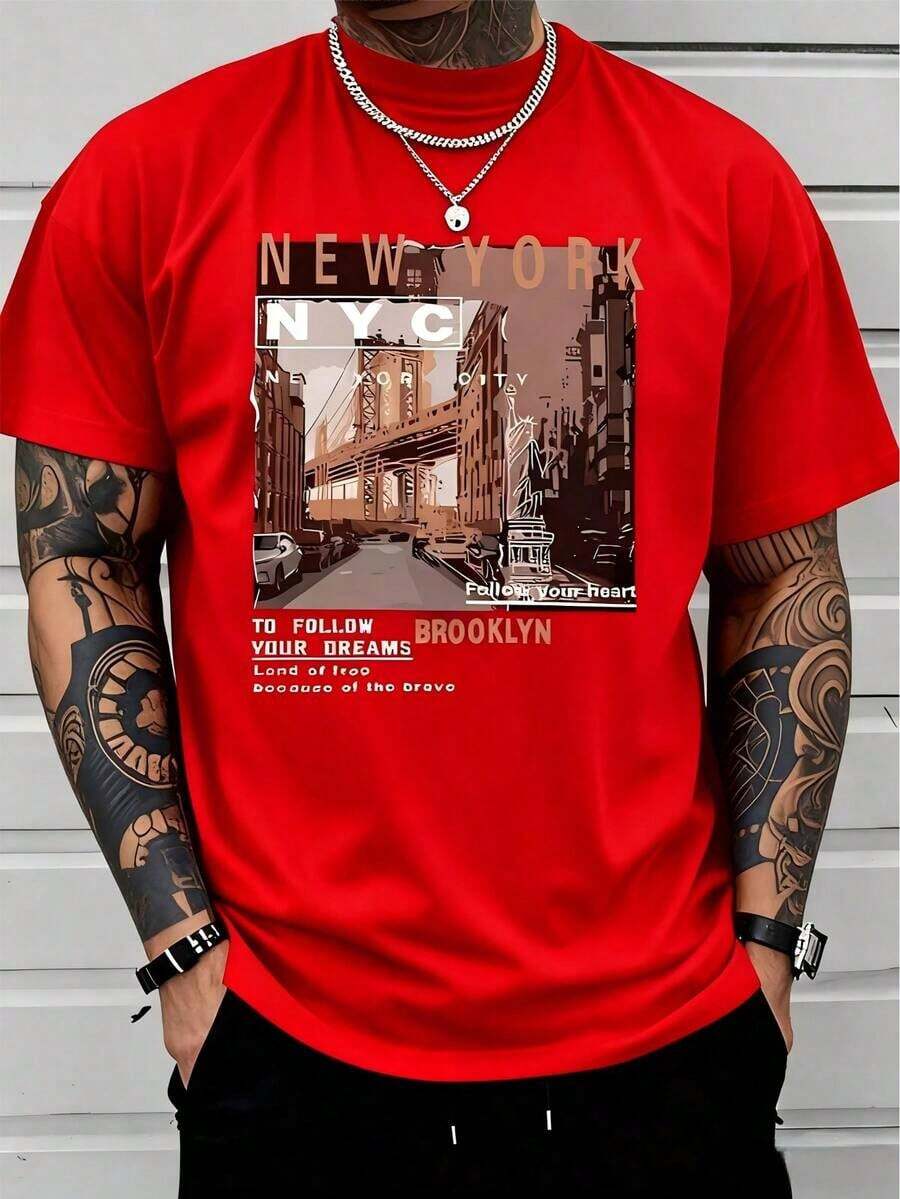 Men's Casual Cotton Streetwear New York Brooklyn Street Scene High-Quality Clothing  T-Shirt 100% Heavy Cotton T-Shirt Men's Casual Cotton Short Sleeve T-Shirt - Basic Summer Men's T-Shirt (S-XXXL) Cotton, Retro, Cotton, Cotton Shirt, Graphic T-Shirt, Romwe, Fun T-Shirt, Graphic T-Shirt, Western Style, Gift - Red - View 1