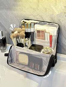 1Piece Upright Cosmetic Bag, Large Capacity, Stylish And Portable Travel Cosmetic Organizer, Compartmentalized Toiletry Bag/Makeup Bag, Wide-Opening Office Desk Organizer/Pencil Case.