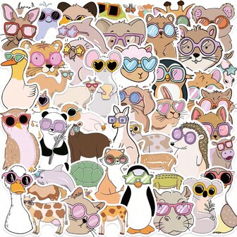 50 piezas de pegatinas de gafas de animales lindos para decorar teléfonos, planificadores DIY, botellas de agua, pegatinas de dibujos animados