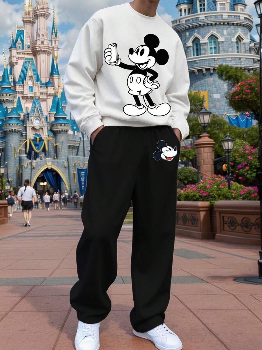 Disney 男士街头风米奇印花连帽衫和喇叭裤两件套，男友/老公礼物，周年纪念礼物，卫衣 - 黑與白 - 查看 1