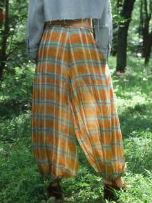 Women Baggy Balloon Pants Bubble Pleated Oversized Bloomers Wide Leg Lantern Harem Bloomer Pants - 橘色 - 查看 5
