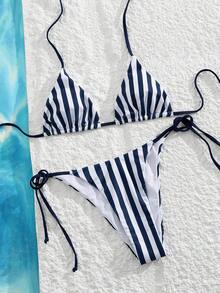 New Soft Women's Elegant Two Pieces Swimwear, Floral Paisley Animal Leopard Print, USA Rugby Style Striped Demin Navy Blue & White Drawstring Sexy Bikini Set, Spaghetti Strap Lace-Up Back Triangle Top & Thong Jamaica Swimsuit - Navy Blue - View 5