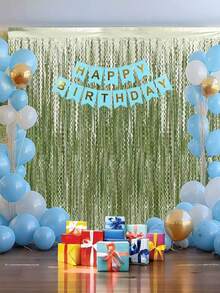 2包鼠尾草绿金属丝流苏帘 - 绿色背景幕布，浅绿色波浪金属箔飘带背景幕布，尺寸3.3x6.6英尺，适用于波西米亚风婚礼、迎婴派对、生日派对、露营背景、恐龙主题背景、蘑菇派对装饰、丛林主题背景、拍照背景套装、圣诞装饰等。