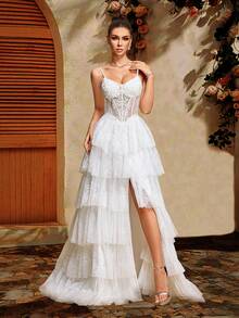 Women's Autumn White Bridal Gown, Multi-Layered Ruffle A-Line Bridesmaid Dress, Solid Color Elegant Wedding Mother's Outfit With Pearl Embroidery & Back Tie Design | Spaghetti Strap Maxi Dress, Suitable For Halloween, Homecoming, Prom, Wedding Guest Attire, Formal Occasions | Exquisite Craftsmanship, Party - White - View 8