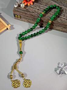 定制玻璃珠金色双流苏念珠，男女皆宜佩戴，沙特阿拉伯银色单流苏吊坠，33颗高品质念珠手链，穆斯林念珠，中东手链，奢华时尚男女通用手链，用于礼拜祈祷，节日礼物 - 彩色 - 查看 4