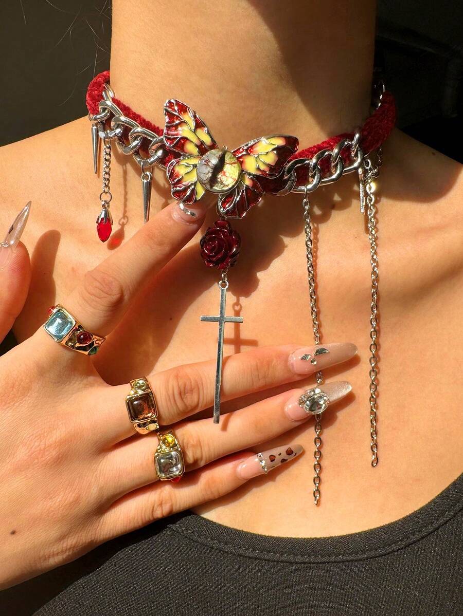 1 chiếc vòng cổ choker tua rua hình bướm, mắt quỷ, hoa hồng đỏ và thánh giá phong cách Gothic cổ điển mùa thu/đông, quà tặng ngày lễ cho nữ, trang sức dự tiệc, phụ kiện thời trang.