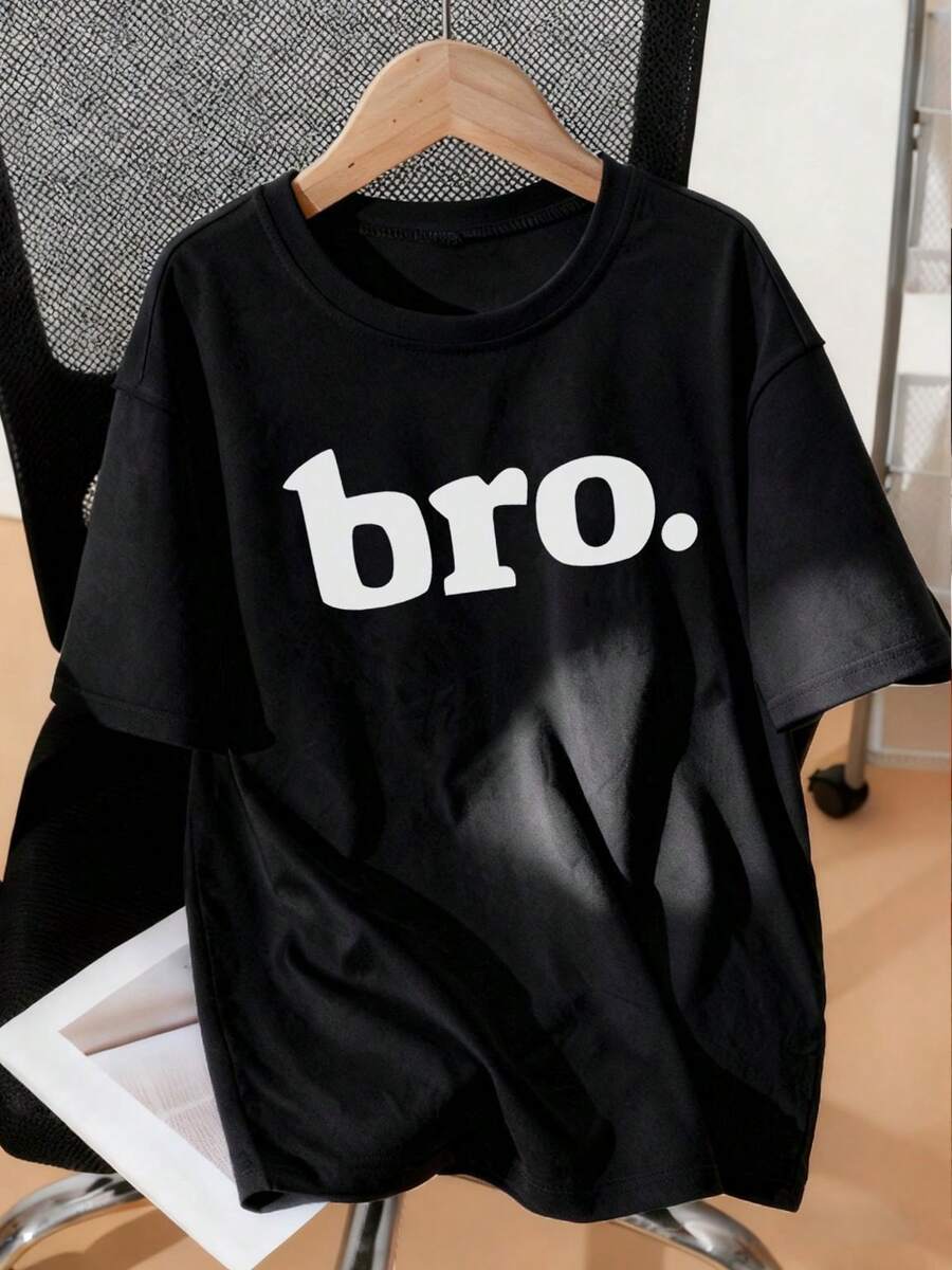 1pc Tween Boys "BRO" Letter Print Round Neck Short Sleeve T-Shirt, Young Student Casual Wear - Black - View 1
