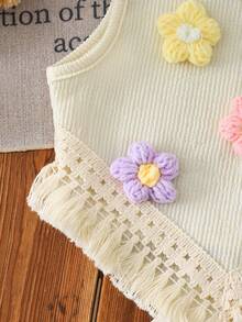 2pcs Baby Girl Bubble Chiffon Floral Applique Hem Fringe Top And Bell Bottom Pants Set - Apricot - View 7