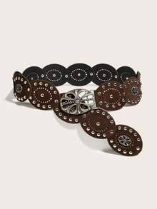 1条女士波西米亚风棕色拼接复古牛头金属扣复古皮带，适合搭配连衣裙、牛仔裤、音乐节、通勤装束 - 棕色牛頭 - 查看 15