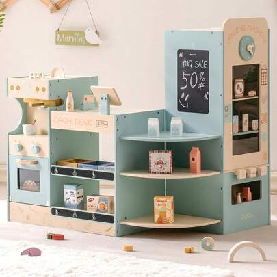  ROBUD Corner Coffee Shop Playset – Wooden Grocery Store With Cash Register, Blackboard, And Toy Accessories | Interactive Role Play For Children Ages 3 And Up