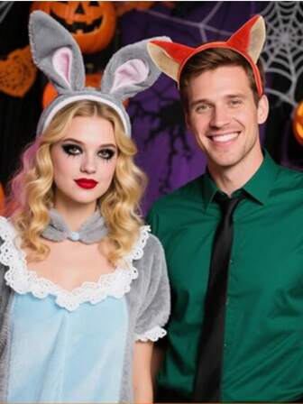 复活节兔子耳朵发箍，灰色毛绒兔子耳朵发箍，女士时尚配饰套装，适合成人万圣节角色扮演服装。