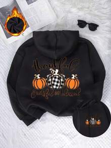 Autumn And Winter Plus Size Women's Clothing, Halloween "Pumpkin Letters" Cartoon Print Retro Plus Size Zipper Sweatshirt Jacket, Korean Style Comfortable Retro Fashion Commuting Versatile Y2k Clothing Women's Clothing, With Hood Design, Suitable For Outdoor Leisure, Black Thermal Lined Casual Women's Hooded Jacket - Black - View 2
