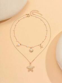 2pcs/Set Summer Faux Pearl Necklace, Charming, Fashion Ocean Life Pendant Jewelry Set, Suitable For Women's Daily/Vacation Wear, Handmade Adjustable Length, Varying Quantities Of Faux Pearls - Starfish Pearl - View 6