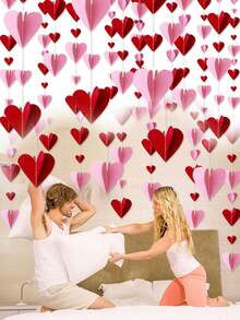 3D立体爱心纸质挂饰，粉色和酒红色3D爱心设计，适用于情人节、求婚、周年纪念、订婚、婚礼派对装饰、生日场景装饰、派对爱心纸花环天花板背景、节日派对家居装饰 - 彩色 - 查看 4