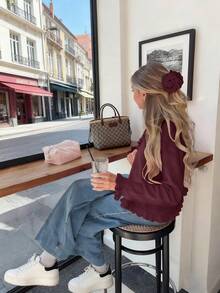 Casual Solid Color Ruffled Cardigan, Versatile For Spring And Autumn - Burgundy - View 9