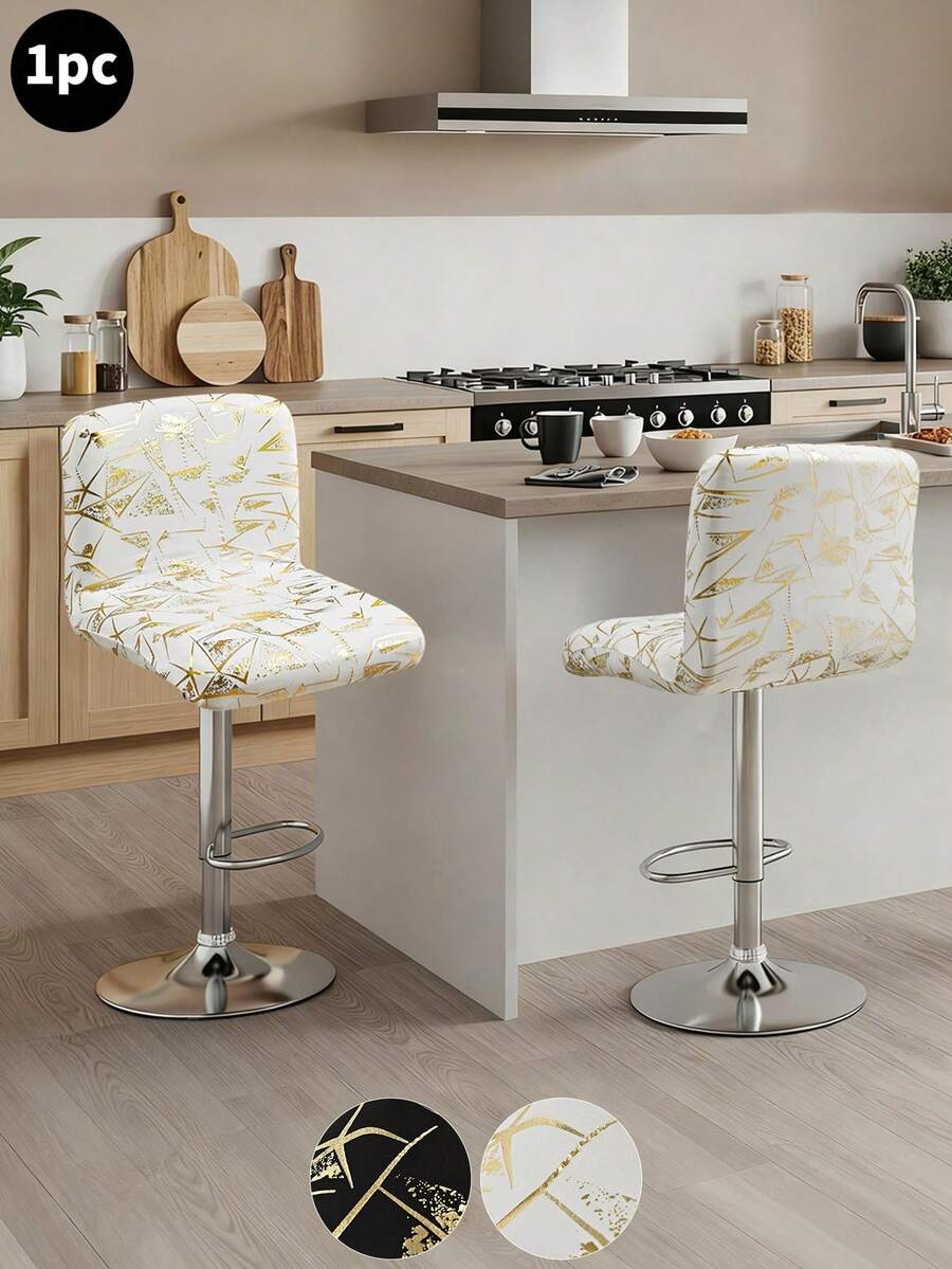 1pc White & Gold Geometric Low Back Chair Cover, Classic Minimalist Design, Stretchy Removable Washable Chair Slipcover, Suitable For Hotel, Restaurant, Front Desk, Office Stool, Black