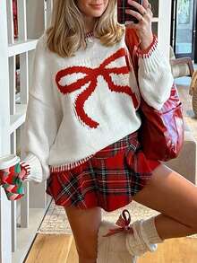 Damskie białe swetry z czerwonymi kokardkami - styl z długim rękawem idealny na Boże Narodzenie/Halloween/Sweter świąteczny/Zimowe bluzki/Jesień/Swetry na jesień/zimę damskie/Sweter zimowy/Odzież świąteczna damska/