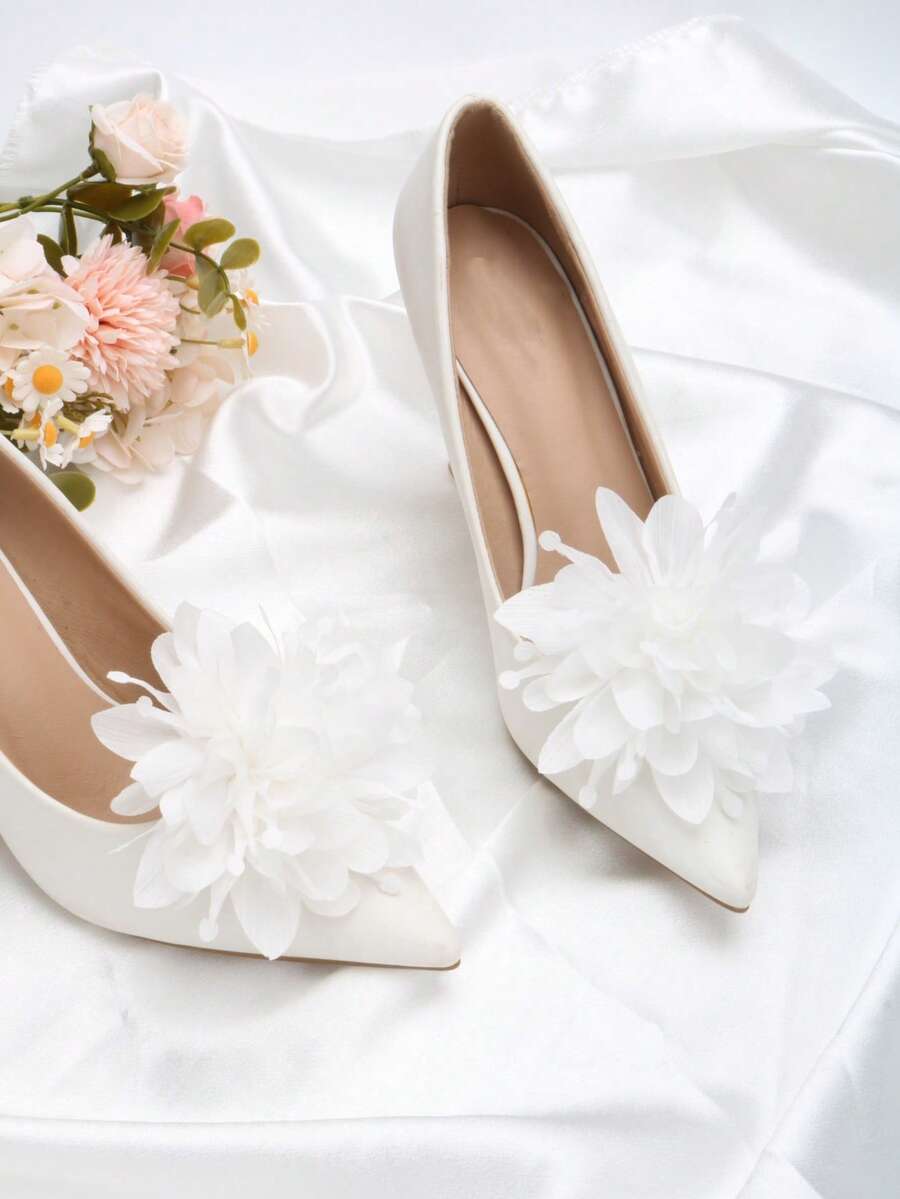 2 piezas Accesorios de zapato desmontables DIY, decoración de flor de rosa elegante y de moda para clips de zapato, adecuado para tacones altos, sandalias, zapatos planos, bolsos, accesorios de ropa, fiesta, cita, viaje - Blanco - Ver 1