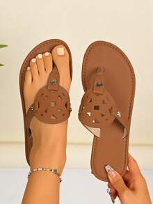 Dép xăng đan La Mã nữ mùa hè 2025 mới: Dệt thủ công/Khắc rỗng/Quai chéo/Đế mềm chống trượt, Chất liệu PU thoáng khí và không mài mòn, Làm thon chân, Dép xăng đan La Mã/Đi biển/Dép xỏ ngón, Thích hợp cho kỳ nghỉ, Phong cách đường phố, Trang phục hàng ngày, Sản phẩm bán chạy nhất mùa hè - màu nâu - Xem 1