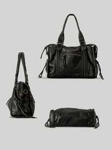 2025 Fashion Women Bag, Y2K Retro Motorcycle Bag, Soft Leather Large-Capacity Handbag, Wasteland Style Tote Bag, Ladies Shoulder/Crossbody Bag, Ultra-Soft Fabric, Bohemia Style Bag For Women, 2000s Fashion Style Bag For Women, Vintage Bag For Women, New Fashionable Big Bags For Women, New Arrival Tote Bags For Woman - 黑色 - 查看 6